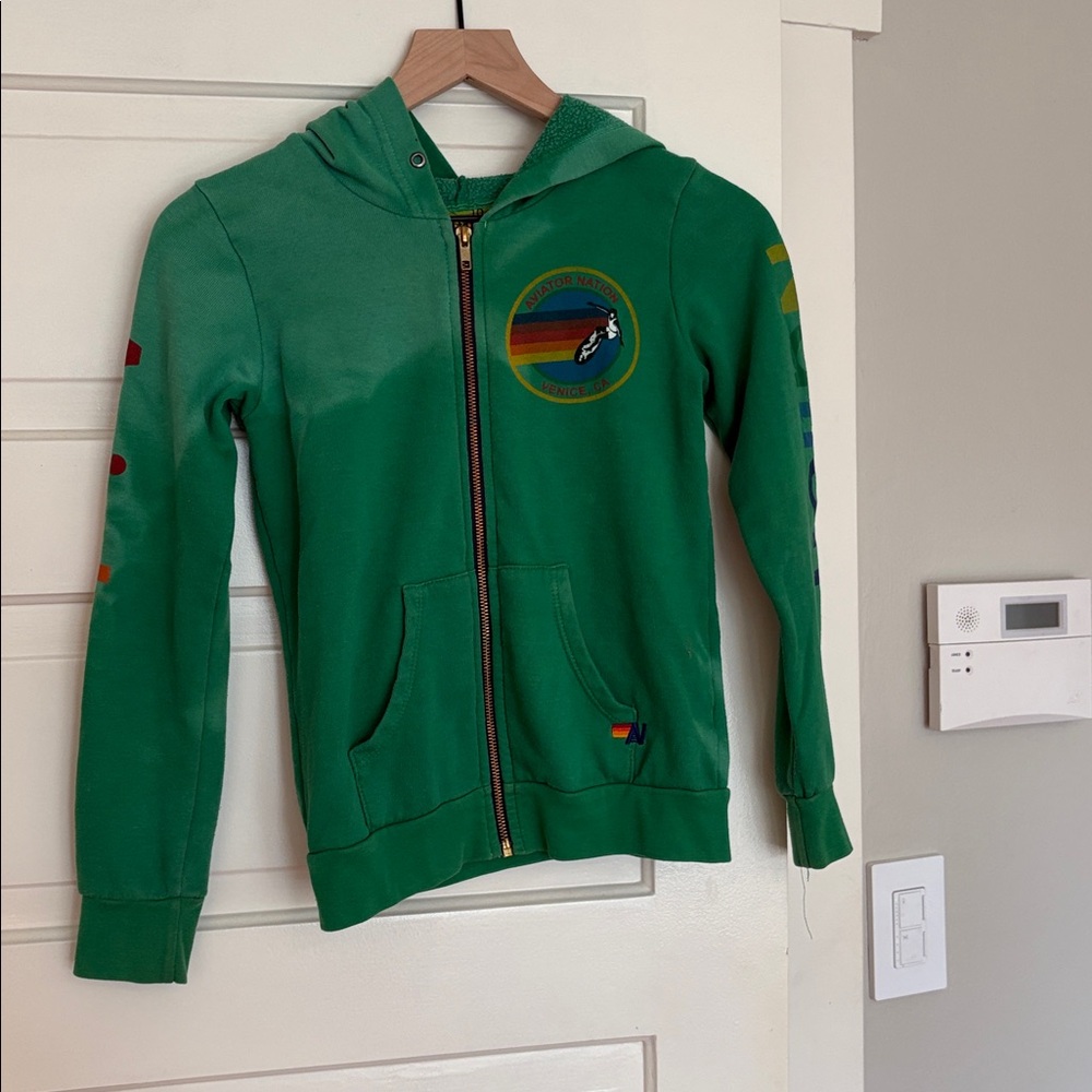 Aviator Nation Green Hoodie with Rainbow Detail